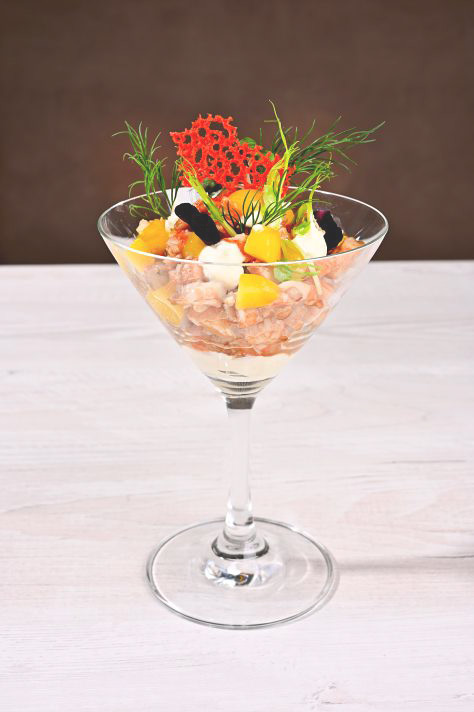 Shrimp cocktail with mango, passion fruit and lemon crème fraîche