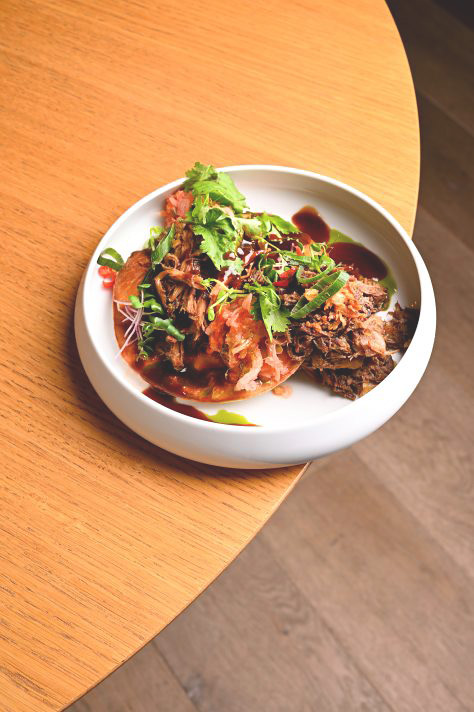 Pulled beef with thai crepe, kimchi and plum sauce
